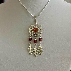 Baltic Amber Dream Catcher Sterling Silver Pendant Necklace Southwestern Boho